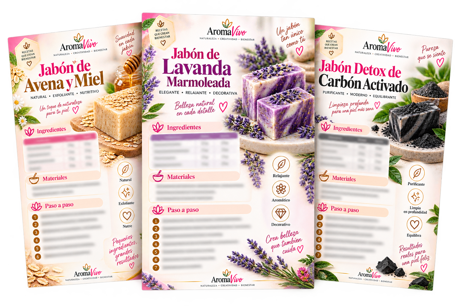 Mockup con tres páginas interiores de fórmulas de jabón de avena y miel, lavanda marmoleada y carbón activado